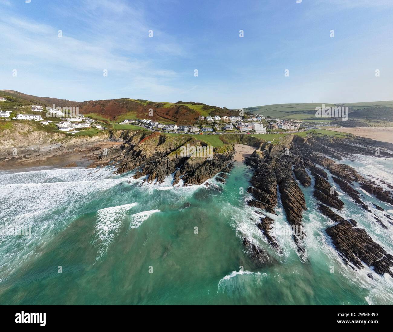 Vue panoramique par drone des plages de Combesgate et Barricane - Woolacombe, Devon, Royaume-Uni Banque D'Images