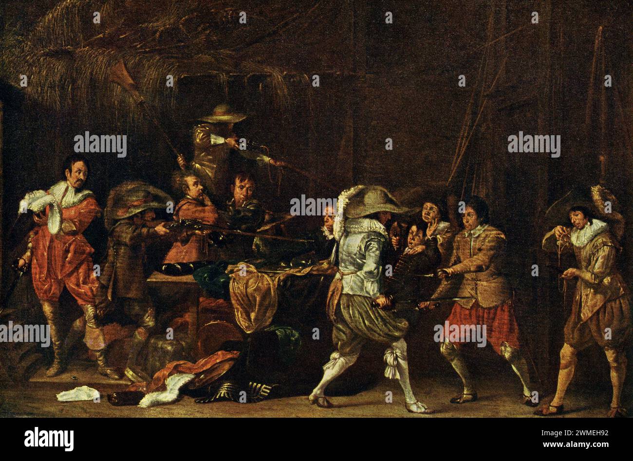 Willem Cornelisz Duyster (1599-1635) est un peintre néerlandais de l'âge d'or d'Amsterdam, surtout connu pour ses « scènes de garde » (cortegaarddje), des peintures de genre montrant la vie militaire. Dans cette peinture de Duyster, des soldats se battent pour le butin dans une grange. Banque D'Images