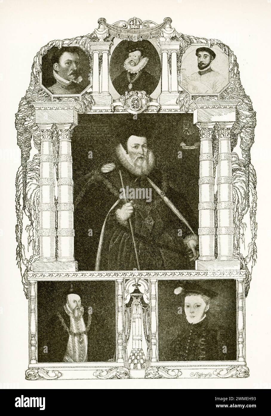 Intitulée « Effigies of the Mary Stuart Tragedy », cette image montre de haut en bas, de gauche à droite: comte de Bothwell (troisième époux de Mary Stuart), Sir Umnas Paulet (maître de donjon de Mary Stuart), David Riccio (secrétaire de Mary Stuart), William Cecil / Lord Burleigh (chancelier de la reine Elizabeth), Robert Dudley (comte de Leicester), Lord Henry Dudley (deuxième époux de Mary Stuart). Marie, reine d'Écosse, également connue sous le nom de Marie Stuart ou Marie Ière d'Écosse, est décédée en 1587. Elle est reine d'Écosse du 14 décembre 1542 jusqu'à son abdication forcée en 1567. Le seul enfant légitime survivant de James V o Banque D'Images