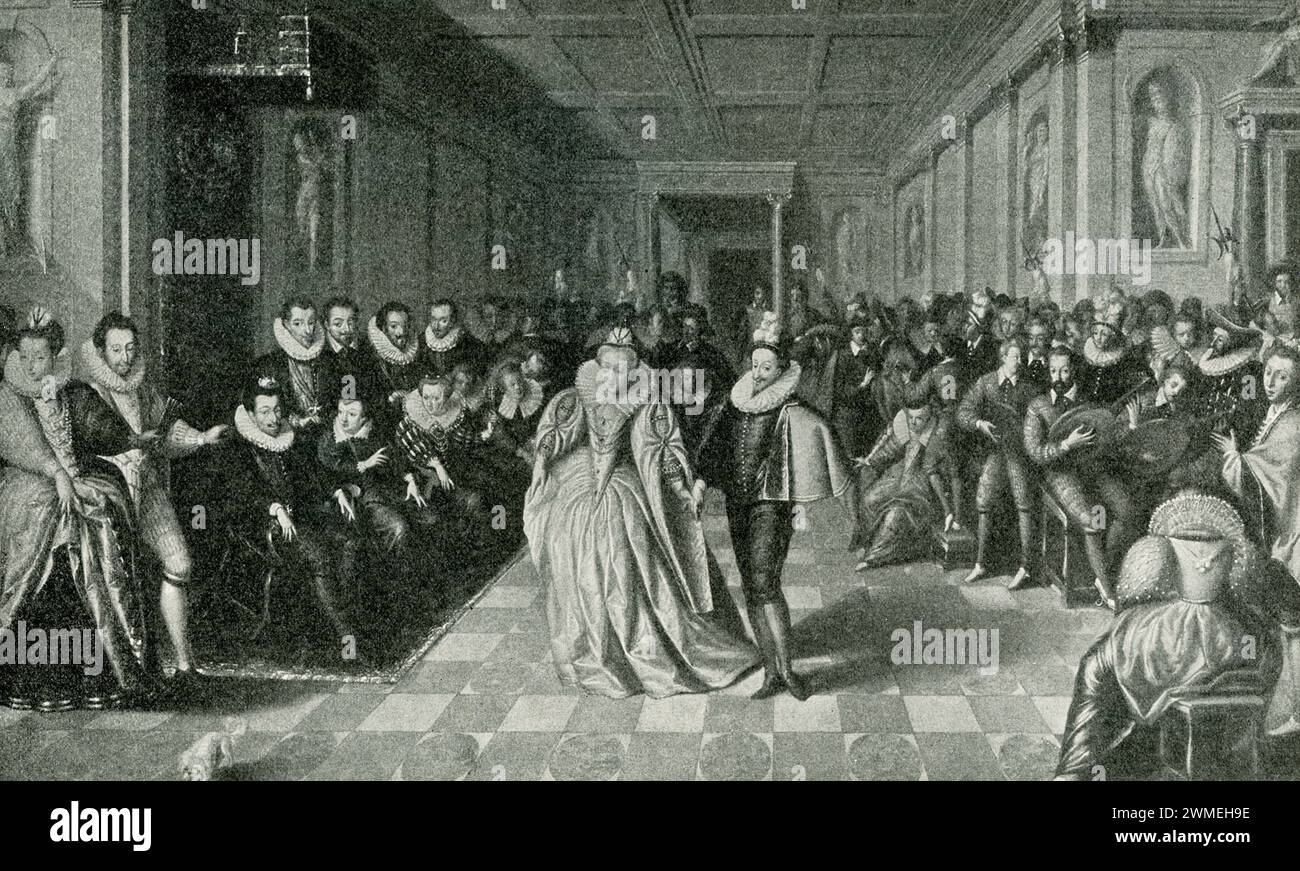 Henri III de France aurait été considéré comme le mari d'Élisabeth Ire d'Angleterre. Cette image montre les deux à un bal en France. L'artiste est inconnu. Élisabeth Ire fut reine d'Angleterre et d'Irlande du 17 novembre 1558 jusqu'à sa mort en 1603. Elle fut le dernier monarque de la Maison des Tudor. Henri III fut roi de France de 1574 jusqu'à son assassinat en 1589, ainsi que roi de Pologne et grand-duc de Lituanie de 1573 à 1575. Banque D'Images