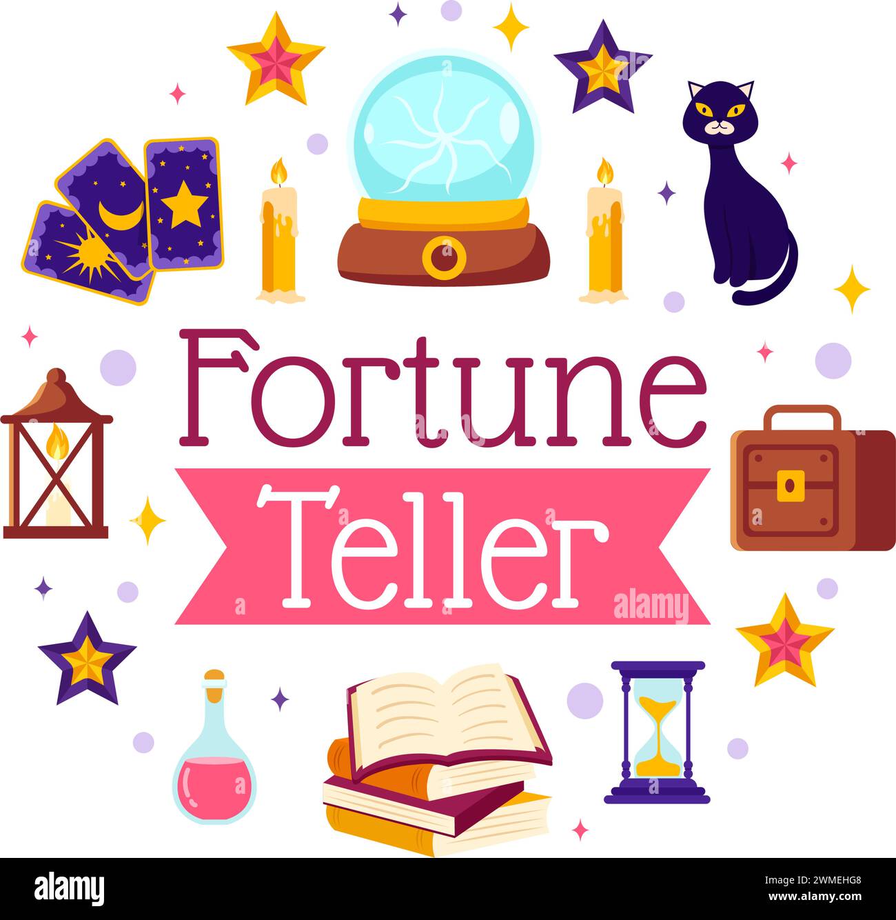 Illustration vectorielle Fortune Teller avec Crystal Ball, Magic Book ou Tarot pour prédire le destin et raconter le concept futur en fond de dessin animé plat Illustration de Vecteur
