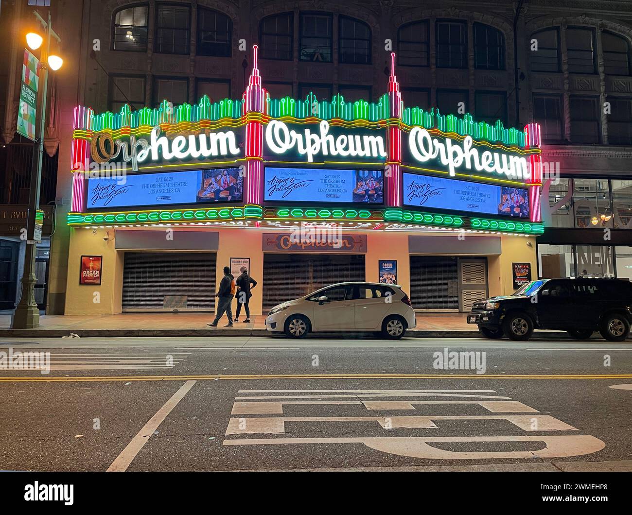 Orpheum, Théâtre, art déco, architecture, nuit, néon, lumière, marquise, centre-ville, Los Angeles, Californie, États-Unis Banque D'Images