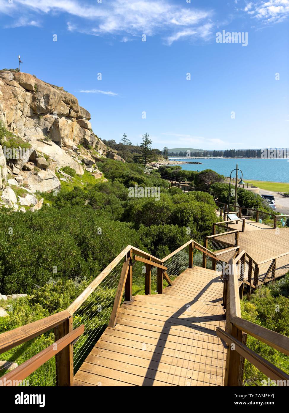 Vue sur les marches de Granite Island à Victor Harbor sur la péninsule Fleurieu, Australie méridionale Banque D'Images