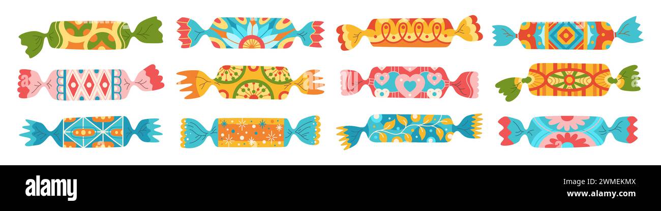 Bonbons enveloppés avec ornement. Chocolat sucette bonbon au caramel, ensemble de collations de dessin animé doodle Sweets. Savoureux sucre dessert nourriture fête enfantine. Illustration vectorielle de bonbons délicieux caramel enveloppé Illustration de Vecteur