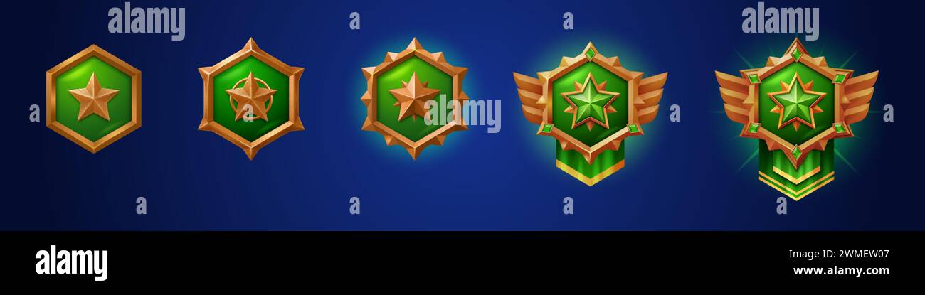 Boutons de classement de jeu militaire isolés sur fond. Illustration vectorielle réaliste badges de bouclier vert hexagonal dans des cadres dorés décorés avec gemme Illustration de Vecteur