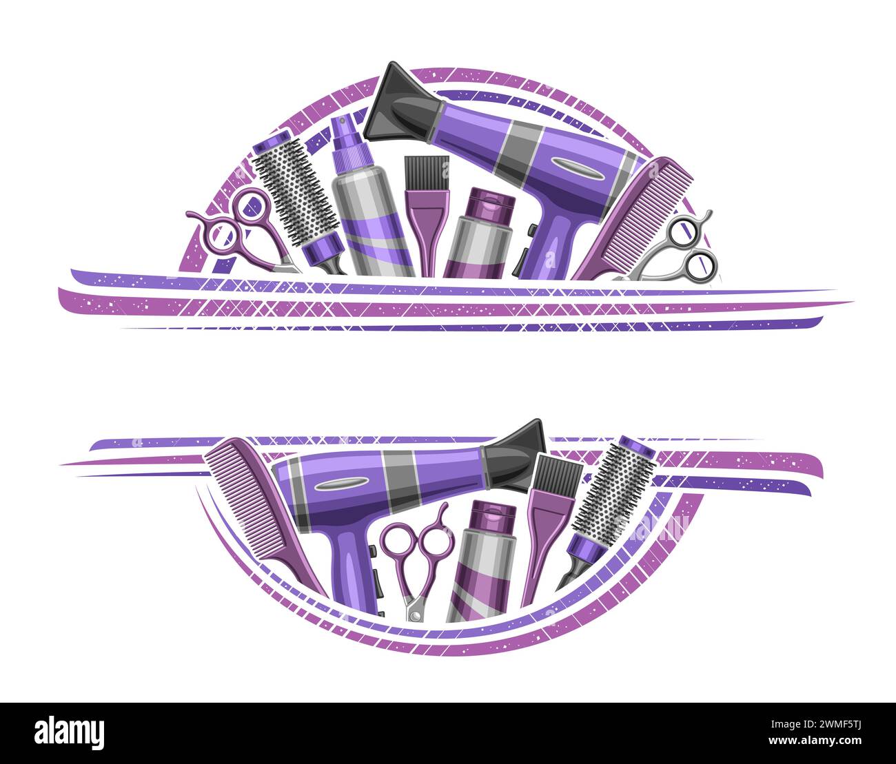 Bordure vectorielle pour salon de cheveux avec copyspace vide pour le texte de l'annonce, panneau décoratif avec illustration des accessoires de coiffeur, bea de couleur violette Illustration de Vecteur