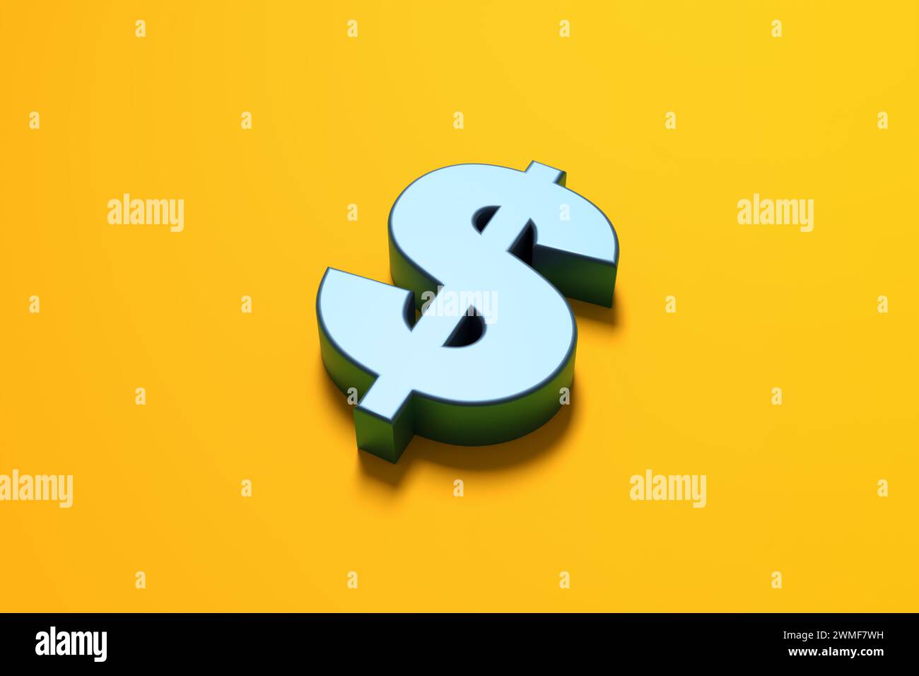 Symbole monétaire bleu métallique du dollar américain sur fond jaune. Concept commercial et financier. Rendu 3D. Banque D'Images