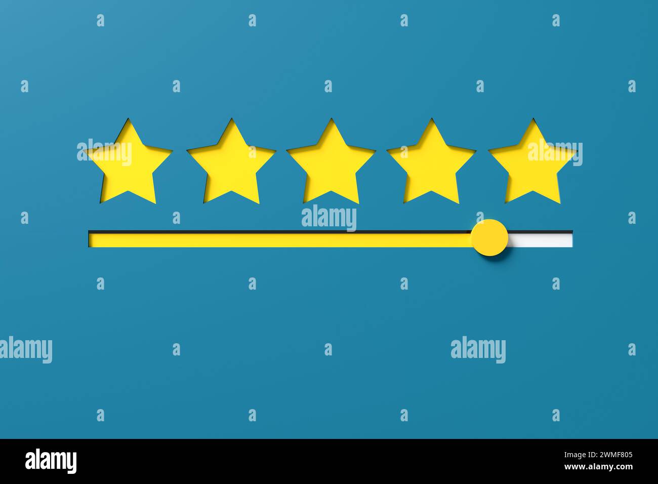 Compteur de satisfaction client ou d'évaluation avec cinq étoiles sur fond bleu. Accroître la satisfaction de la clientèle et l'excellence commerciale. Rendu 3D. Banque D'Images