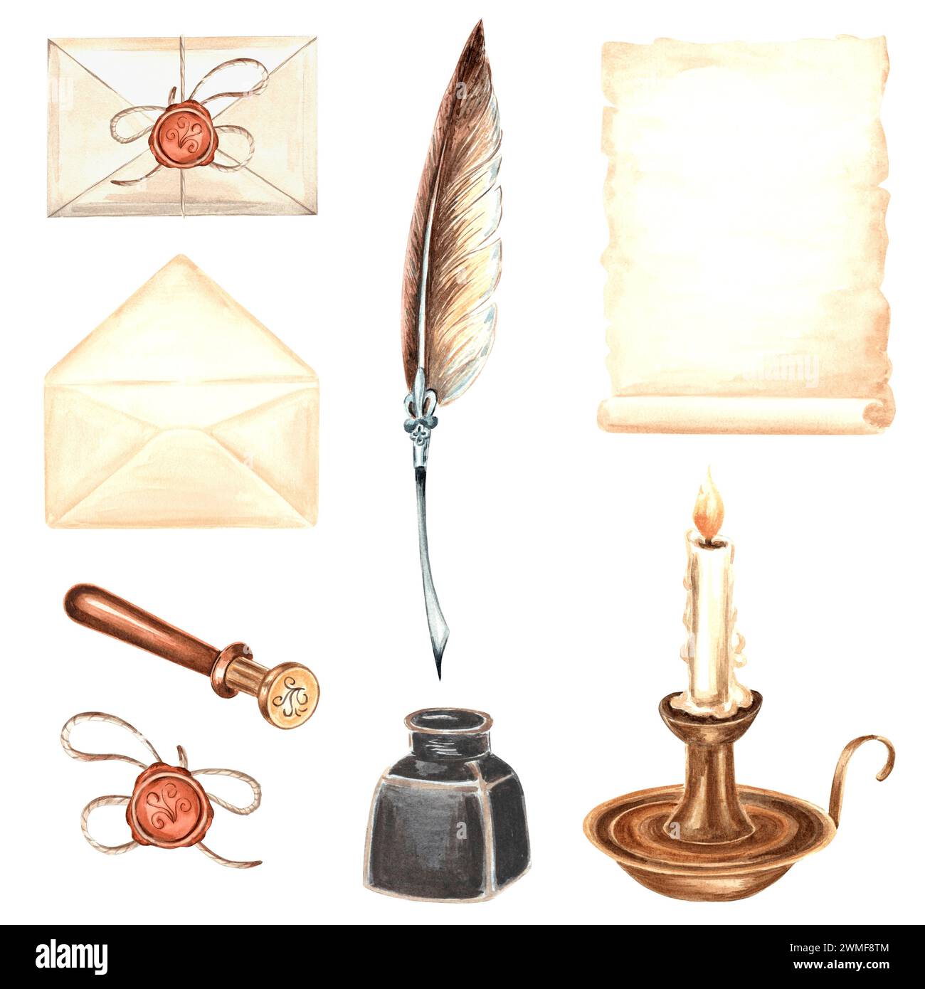 Ensemble de fournitures d'écriture vintage. Papier parchemin, plume, encrier, enveloppes, sceau de cire, bougie en chandelier. Papeterie rétro. Wat. Dessiné à la main Banque D'Images