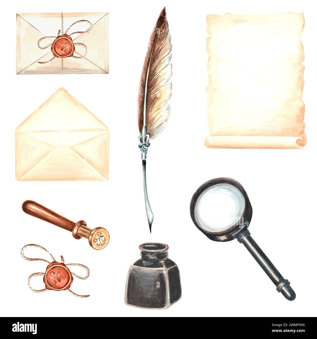 Ensemble de fournitures d'écriture vintage. Papier parchemin, plume et encrier, enveloppes, sceau de cire, loupe. Papeterie rétro. Eau tirée à la main Banque D'Images