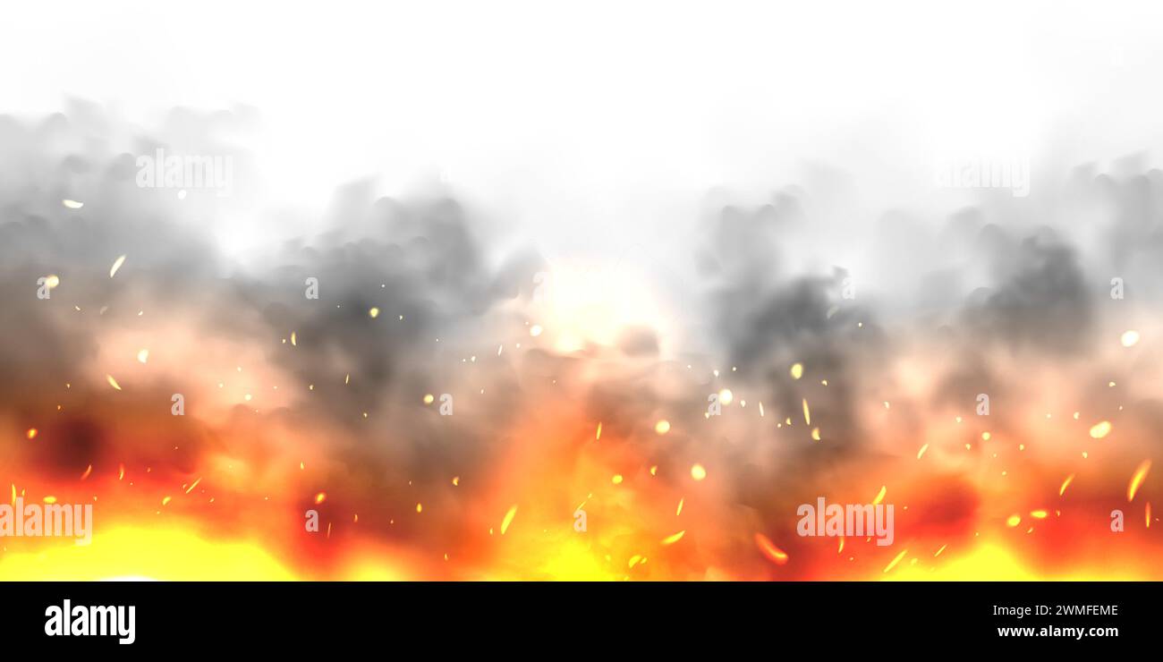 Fumée réaliste noire, nuages de poussière isolés sur fond blanc. Pollution par le smog ou le brouillard sale. Pollution de l'air, effet de brume. Fumée provenant d'un incendie ou d'une explosion Illustration de Vecteur