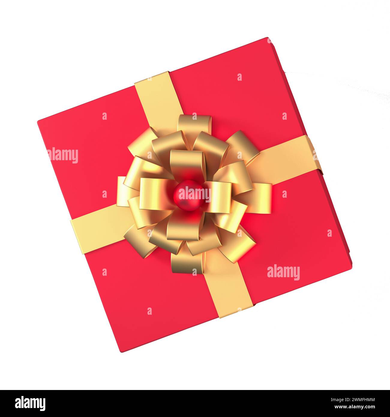 Vue de dessus de la boîte cadeau rouge 3d avec ruban d'or et arc isolé sur fond blanc, rendu 3D. Banque D'Images
