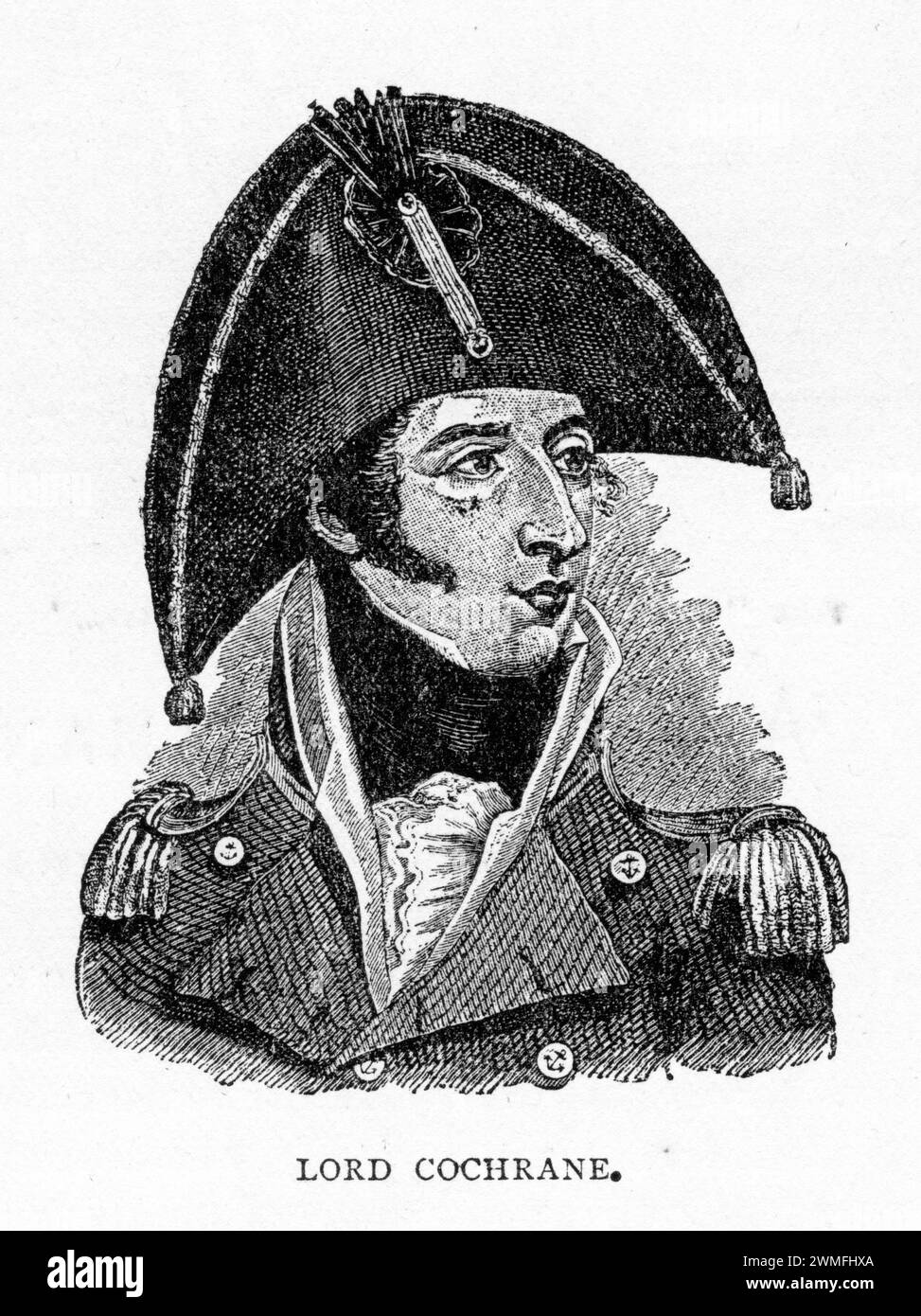 Portrait de Thomas Cochrane, 10e comte de Dundonald (1775 – 1860), titré Lord Cochrane entre 1778 et 1831, était un officier de marine écossais, pair, mercenaire et homme politique. Servant pendant la Révolution française et les guerres napoléoniennes dans la Royal Navy, ses succès navals conduisent Napoléon à le surnommer le Loup des mers. Banque D'Images