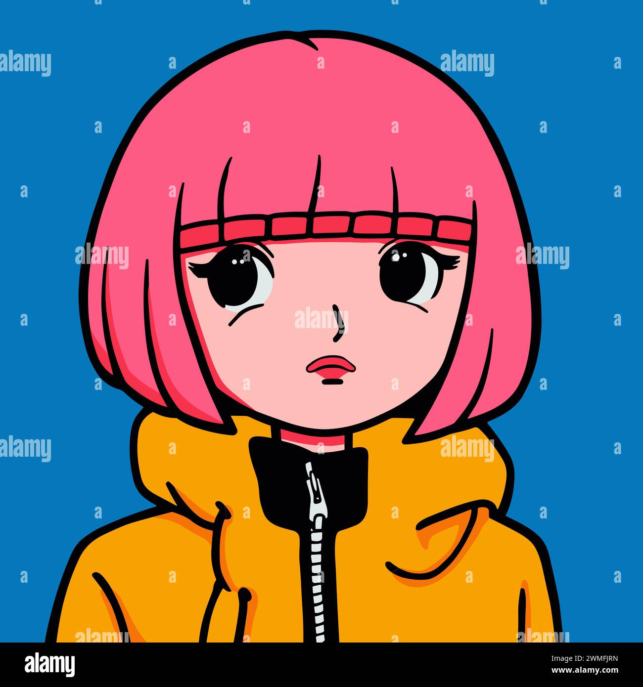 Fille d'anime moderne avec des cheveux roses et de grands yeux isolés sur fond bleu. Personnages mignons de dessin animé. Couleurs vives. Illustration vectorielle. Illustration de Vecteur