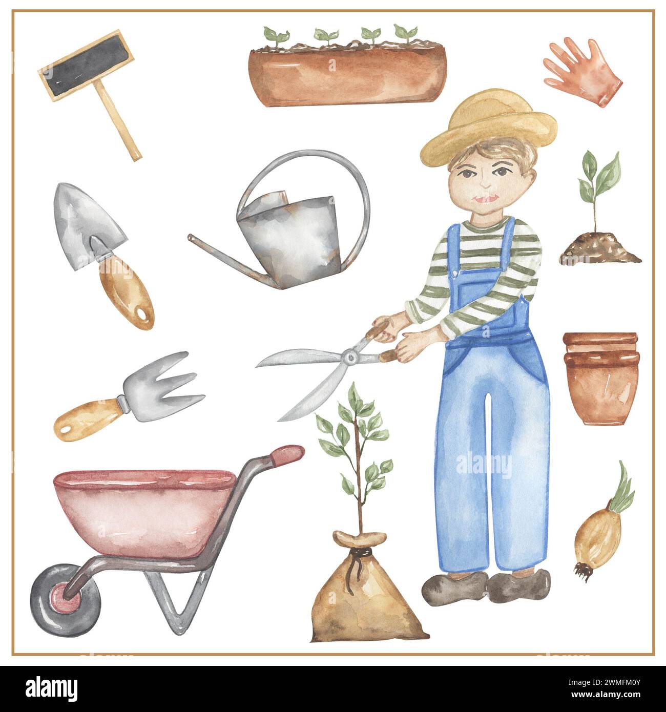 Aquarelle jardinier clipart, illustration dessinée à la main. Jardinier homme travaillant, enfants carte d'école clip art, éducatifs, mignons enfants graphiques avec profes Banque D'Images