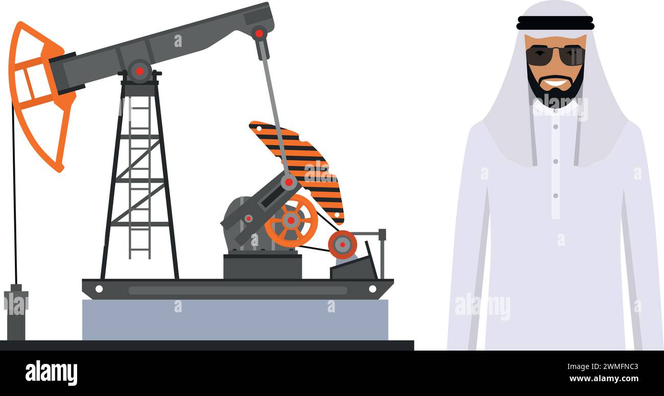 Homme d'affaires musulman arabe dans les vêtements nationaux traditionnels et pompe à huile dans le style plat. Illustration de Vecteur