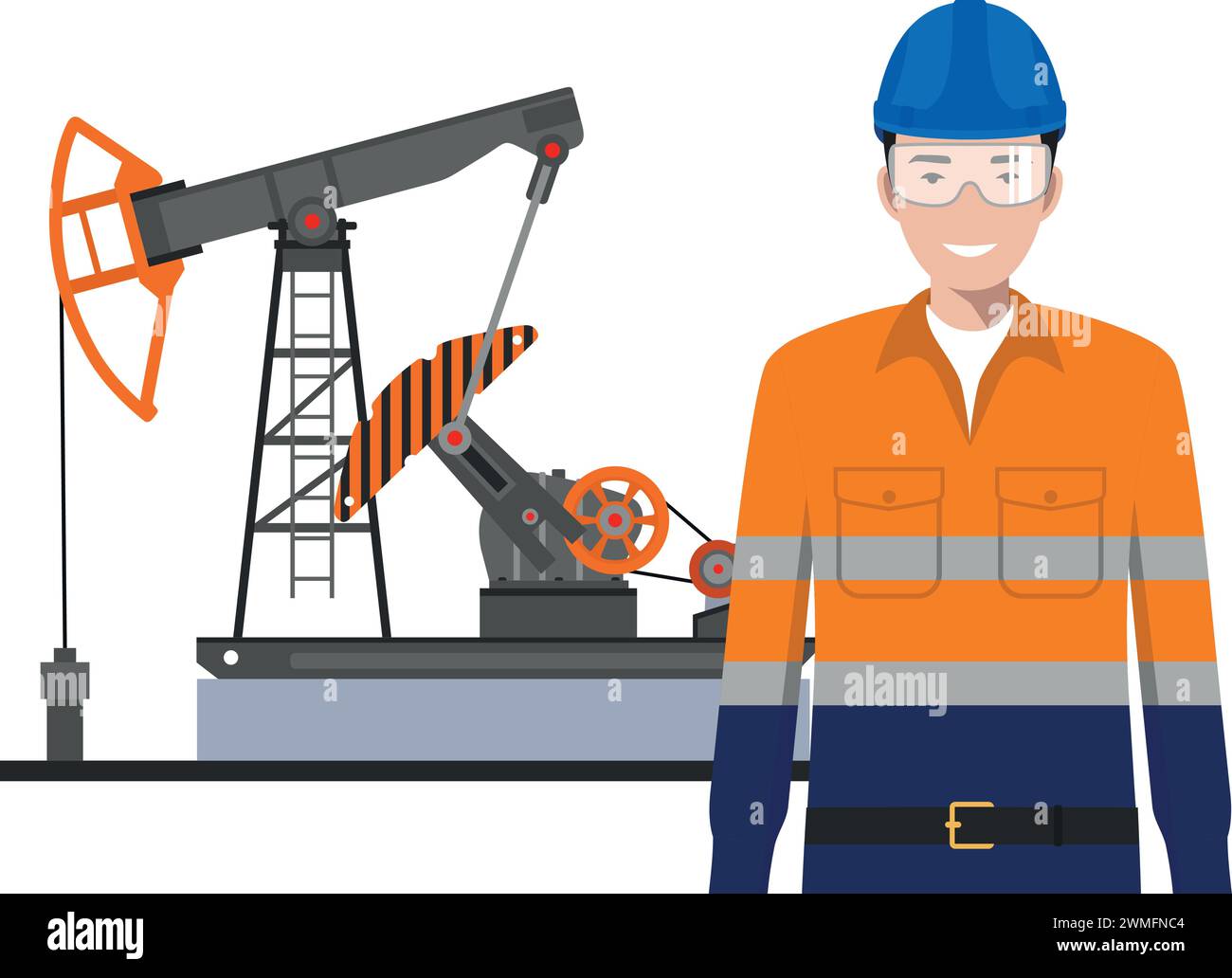 Uniforme de travailleur debout au travail, casque de sécurité et pompe à huile de style plat. Illustration de Vecteur