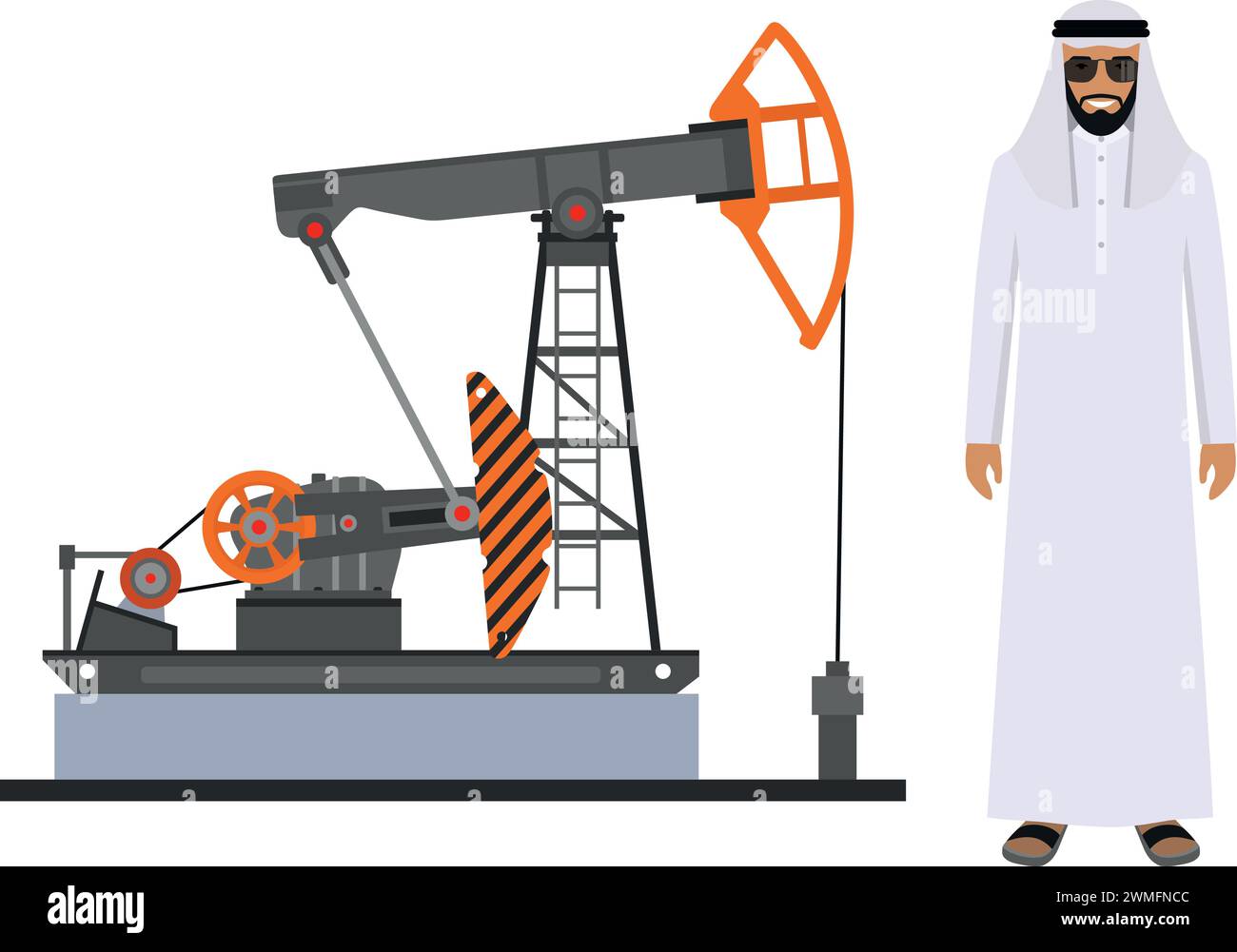Homme d'affaires musulman arabe dans les vêtements nationaux traditionnels et pompe à huile dans le style plat. Illustration vectorielle. Illustration de Vecteur