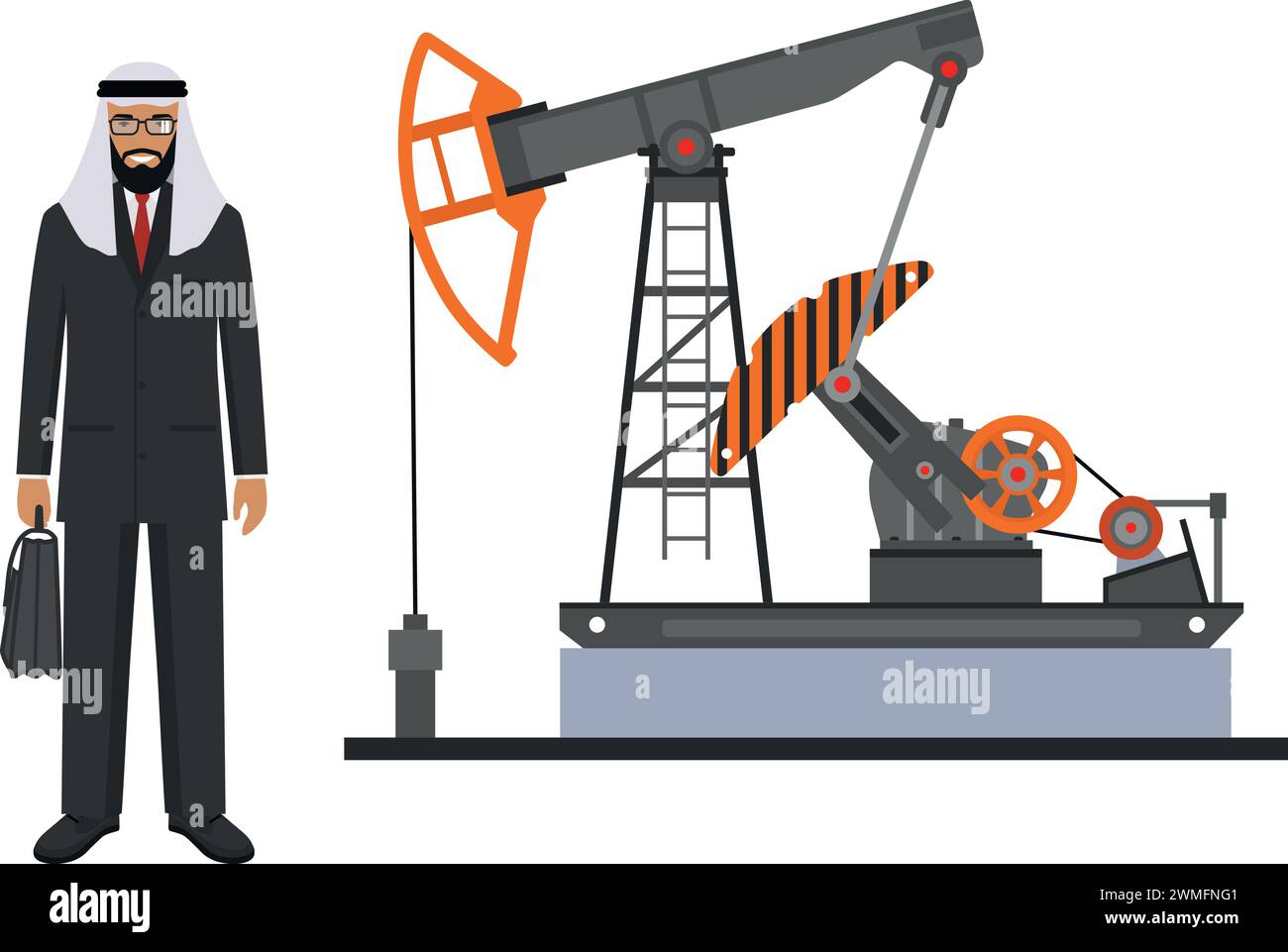 Homme d'affaires musulman arabe dans les vêtements nationaux traditionnels et pompe à huile dans le style plat. Illustration de Vecteur