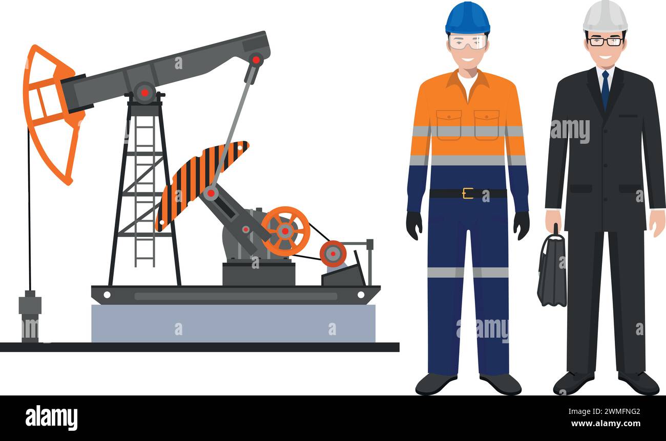 Pompe à huile et ingénieur en costume, travailleur en uniforme de travail et casque de sécurité en style plat. Illustration de Vecteur