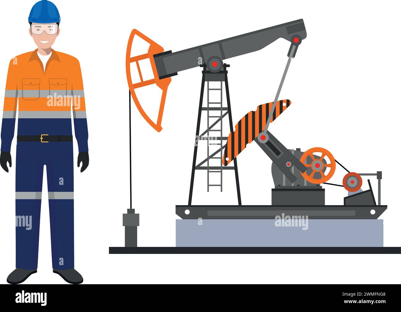 Uniforme de travailleur debout au travail, casque de sécurité et pompe à huile de style plat. Illustration de Vecteur