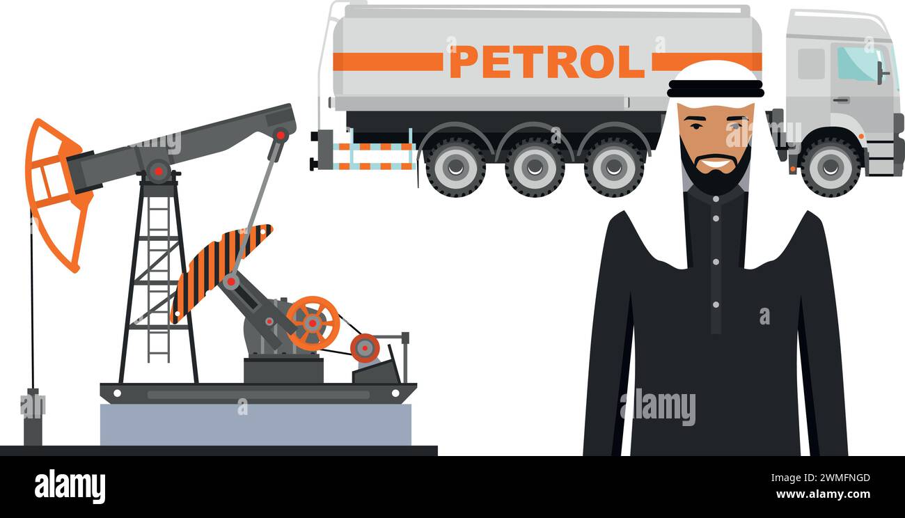Homme d'affaires musulman arabe dans les vêtements nationaux traditionnels, camion à essence et pompe à huile dans le style plat. Illustration de Vecteur