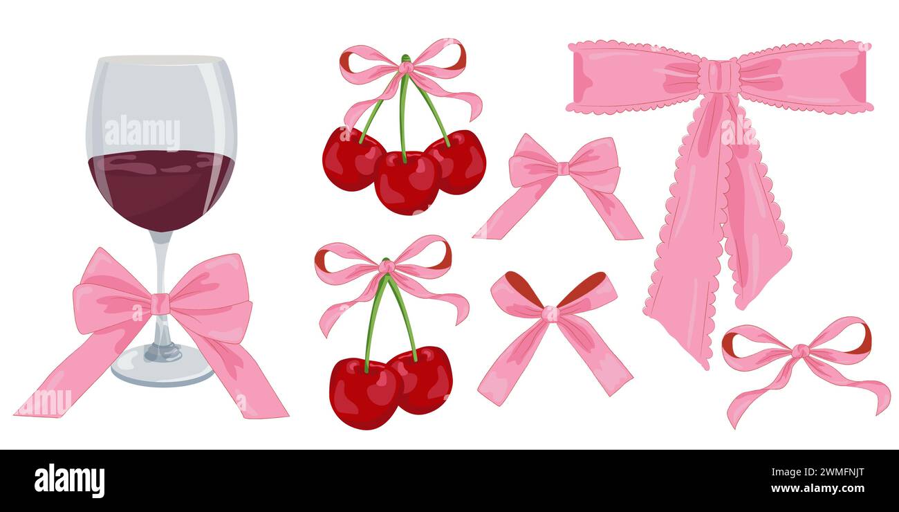 Illustration vectorielle des arcs vintage girly roses, du vin et de la cerise. Archet pour décor de cheveux plat. Eléments isolés. Accessoires esthétiques Coquette. Illustration de Vecteur