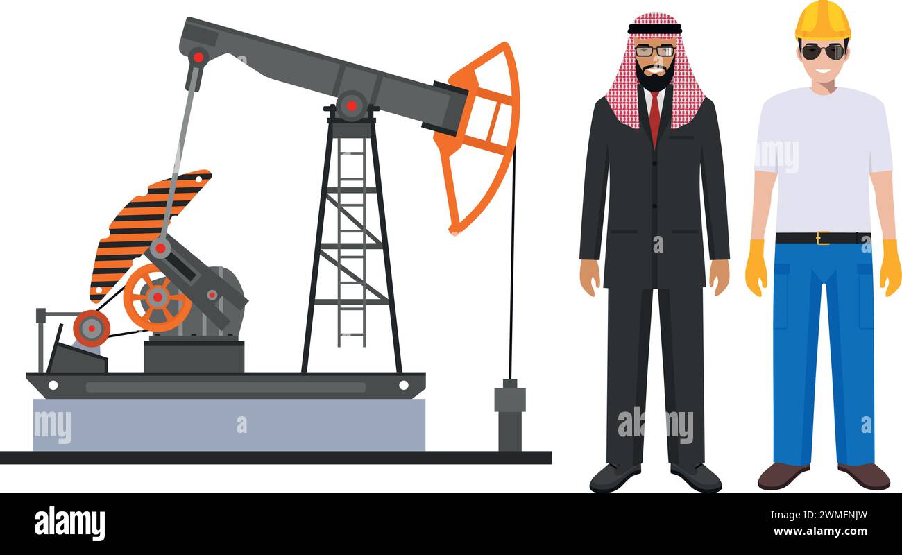 Homme d'affaires musulman arabe, travailleur dans le casque de sécurité et la pompe à huile dans le style plat. Illustration de Vecteur