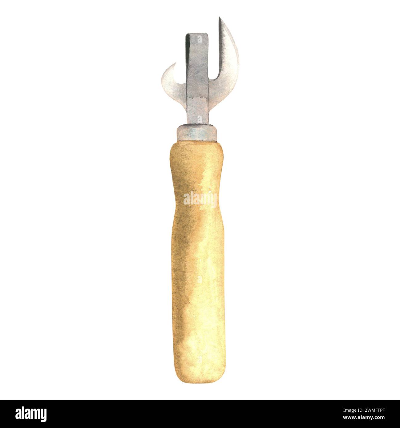 Illustration aquarelle d'un ouvre-bière, nourriture en conserve avec une poignée en bois. Fait à la main, isolé sur fond blanc Banque D'Images