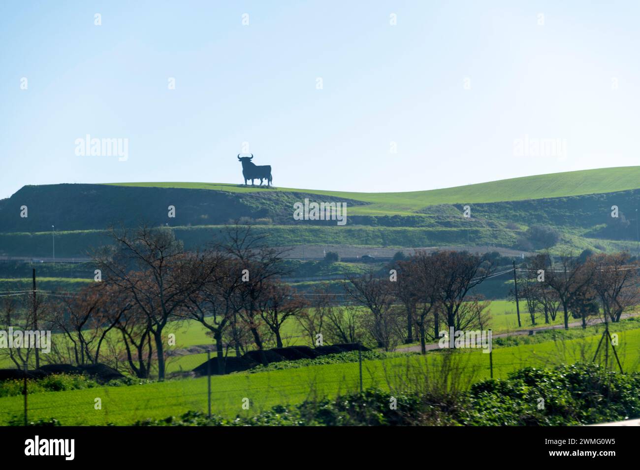 Un grand signe de taureau noir qui est visible souvent sur les collines et les bords de route surveillant le trafic de passage en Espagne, est le taureau Osborne, Toro de Banque D'Images