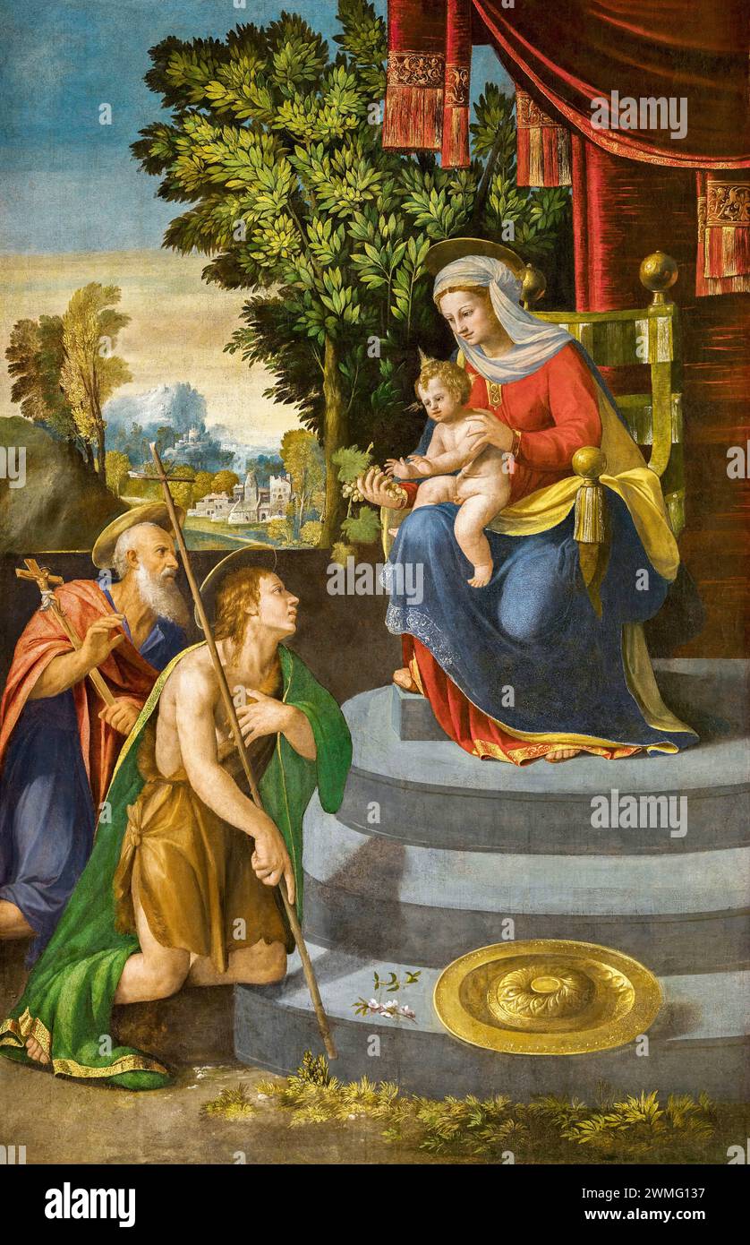 Madonna in trono col bambino e i Santi Girolamo e Giovanni Battista Banque D'Images