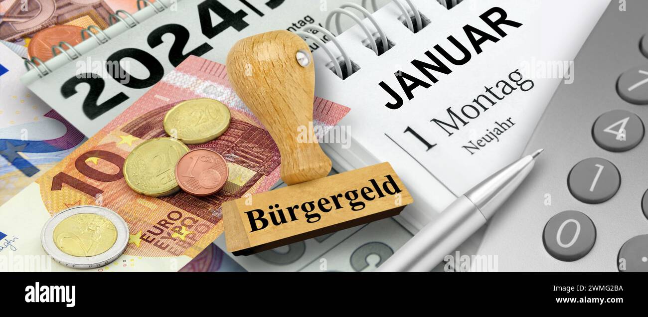 Deutscher Mindestlohn 12,41 Euro und Stempel Bürgergeld mit Rechner Kalender Datum 1. Januar 2024 Banque D'Images