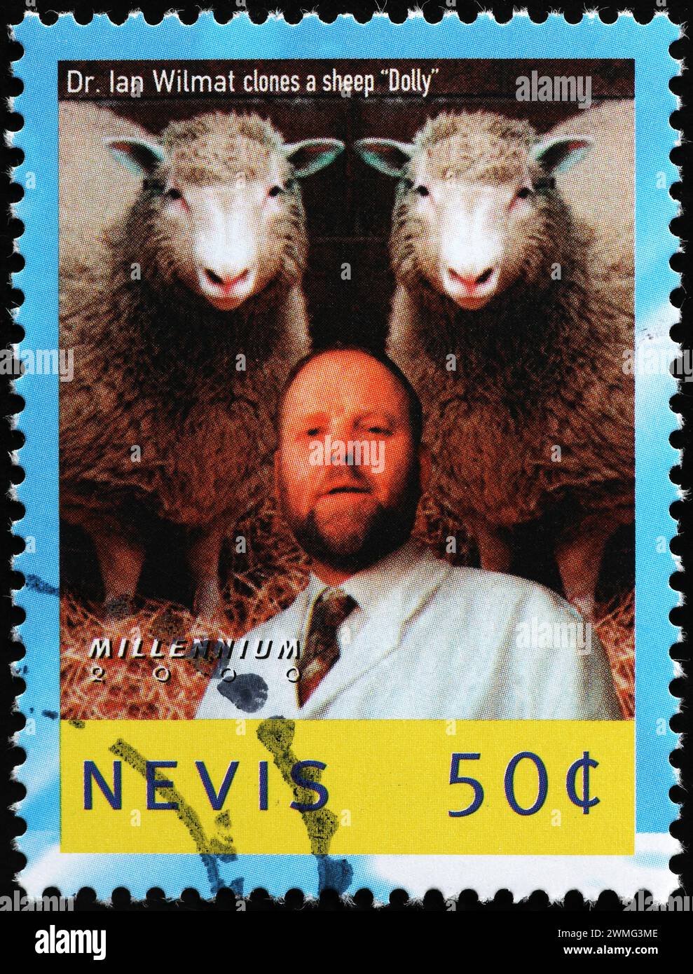 Ian Wilmaat met le mouton Dolly sur des timbres-poste Banque D'Images