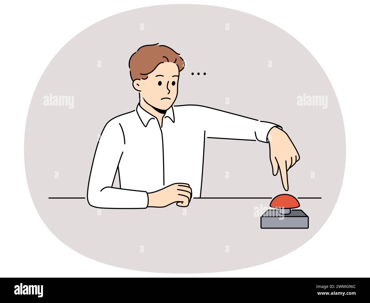 Un homme frustré s'assoit au bureau, appuyez sur le bouton rouge. Un homme sérieux confus appuie sur le bouton d'alerte. Avertissement ou lancement de fusée. Illustration vectorielle. Illustration de Vecteur