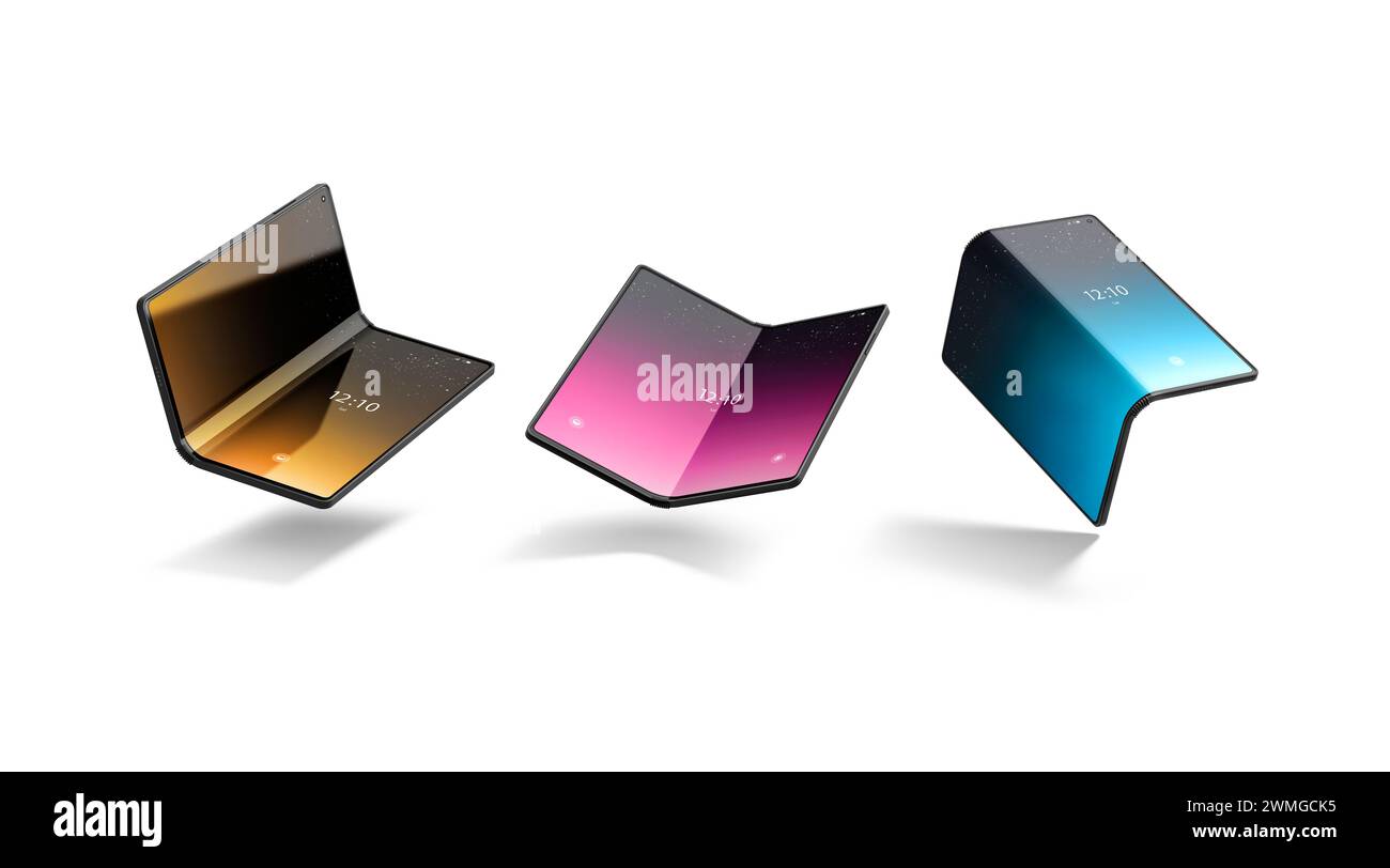 Allumé sur la maquette d'affichage de téléphone de livre flexible, différentes vues, rendu 3D. Écran de démarrage coloré vide sur la maquette de gadget pliable, isolé. Effacer f Banque D'Images