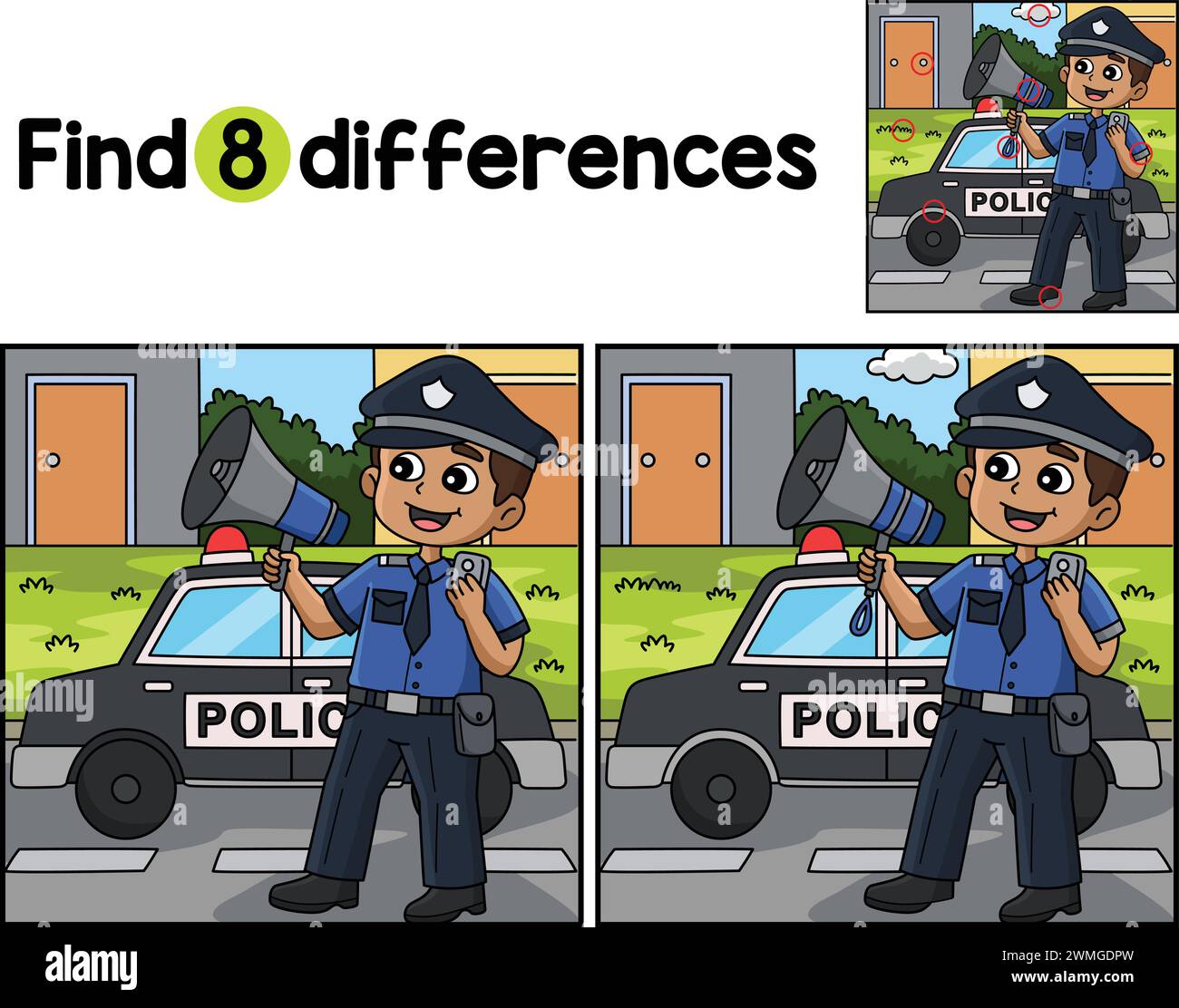 Un policier avec un mégaphone trouve les différences Illustration de Vecteur