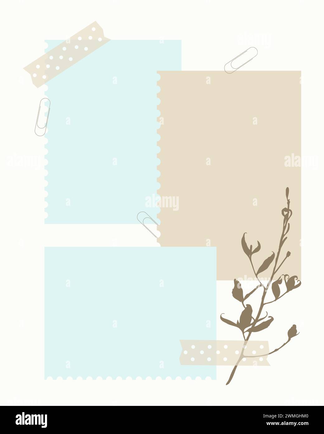 Mise en page de scrapbooking magnifiquement agencée avec des couches de papier de couleur pastel dans des tons bleus et beiges, orné d'une brindille botanique et sécurisé avec Illustration de Vecteur