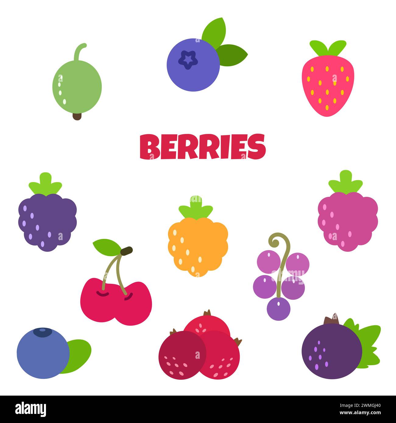 Mettez les baies en place. Couleur. Raisin, fraise, cerise, myrtille, cassis, mûre, framboise, groseille à maquereau. Vecteur de dessin animé Banque D'Images Mettez les baies en place. Couleur. Raisin, fraise, cerise, myrtille, cassis, mûre, framboise, groseille à maquereau. Vecteur de dessin animé Banque D'Images