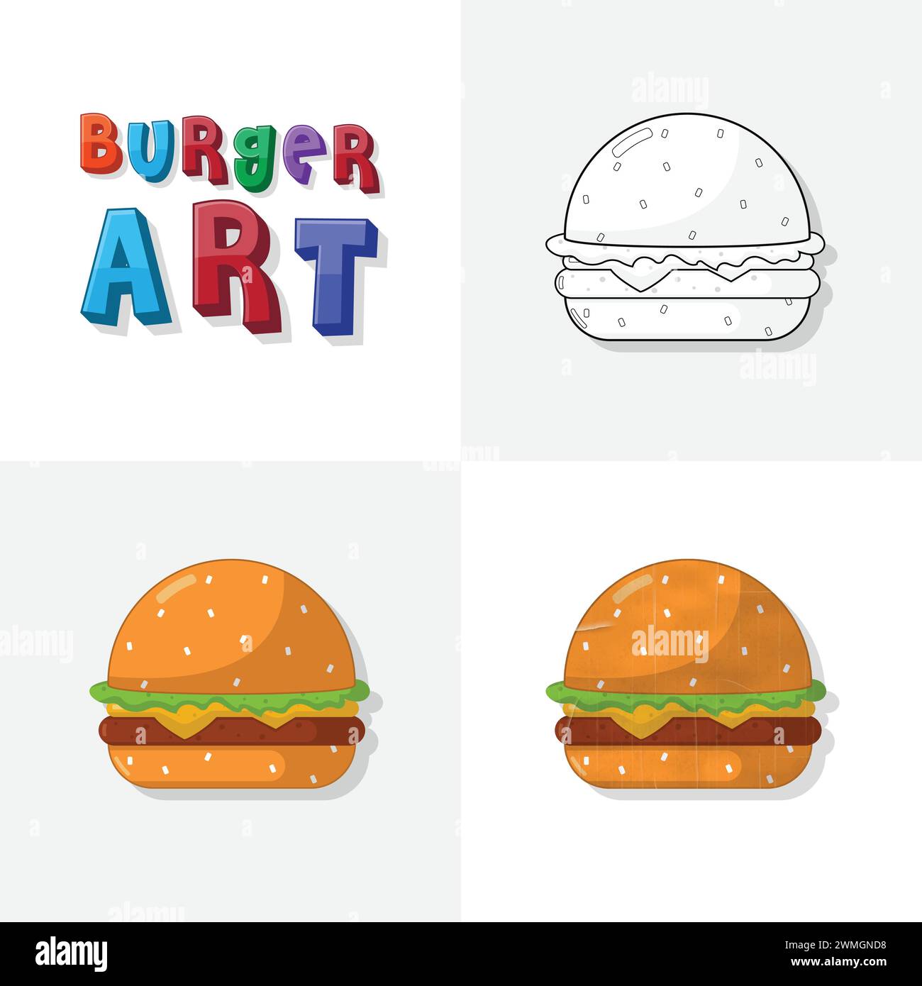 Croquis d'art hamburger, page à colorier, illustration de restauration rapide hamburger plate et réaliste pour les enfants Illustration de Vecteur
