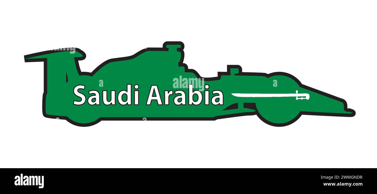 Silhouette d'une voiture de course trypique de sport automobile sur fond blanc avec le texte Arabie saoudite et aux couleurs du drapeau national avec un drapeau Illustration de Vecteur