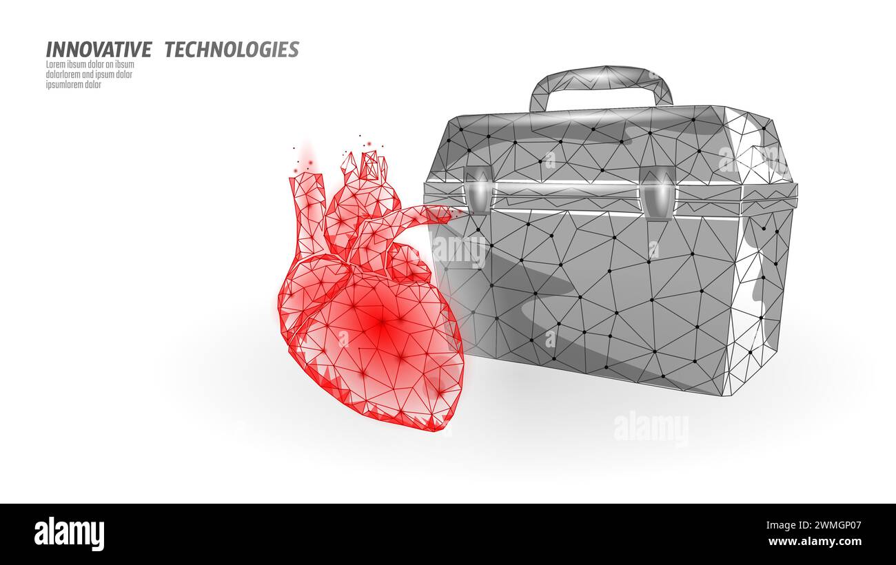 Cas de transplantation cardiaque humaine en 3D. Organe d'anatomie poly-coeur rouge bas. Illustration vectorielle de don d'aide au patient de médecine de donneur polygonal. Illustration de Vecteur