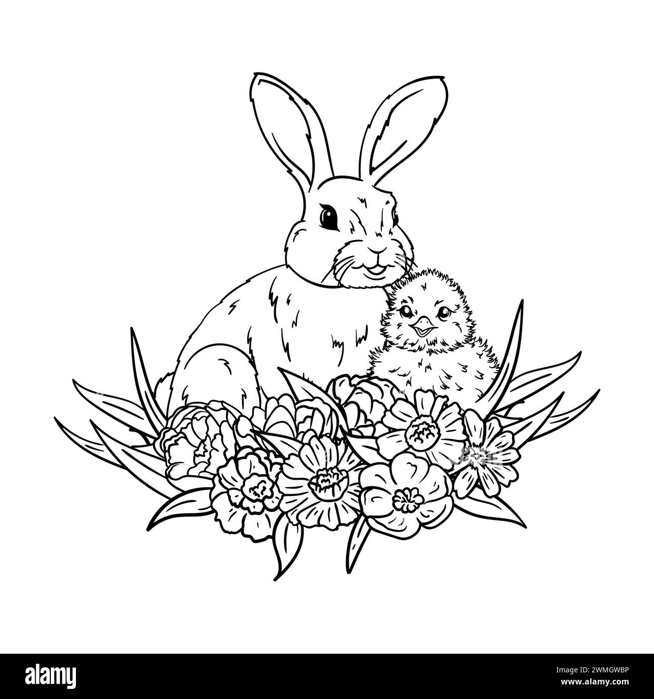 Coloriage avec un poulet et un lapin dans l'herbe et les fleurs. Image en noir et blanc pour carte de Pâques, prin, autocollant Illustration de Vecteur