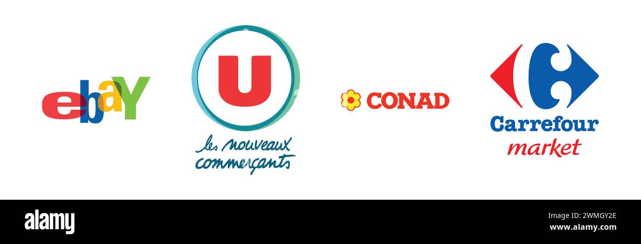 CONAD, eBay, CARREFOUR MARKET, système U. Collection populaire de logo de marque. Illustration de Vecteur