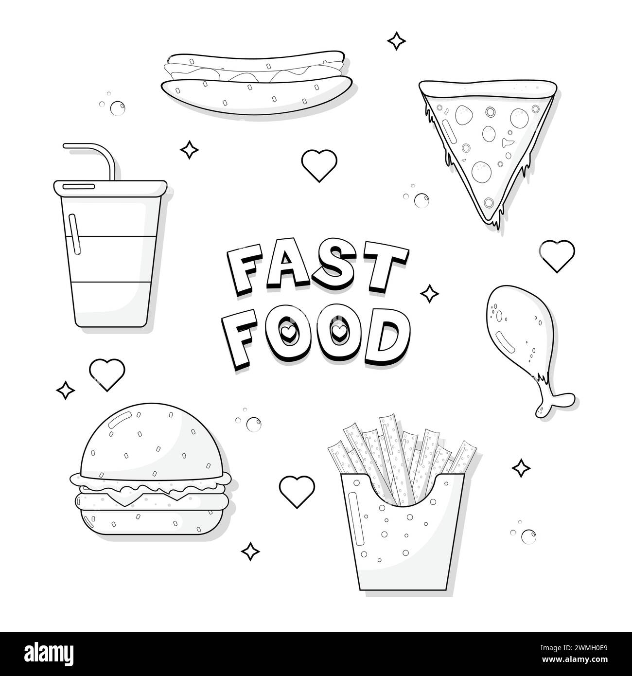 Set de fast food, fast food sans couleur, autocollants, page de coloriage pour livre de coloriage Illustration de Vecteur