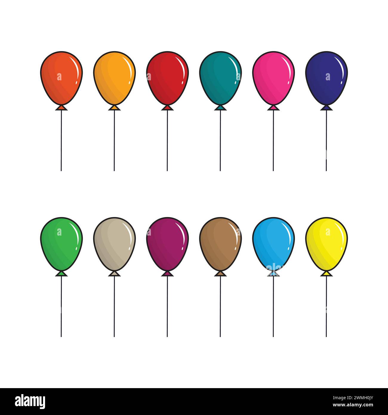 Ensemble de ballons colorés plats dans le style de bande dessinée, ballon volant avec corde isolé sur fond blanc Illustration de Vecteur