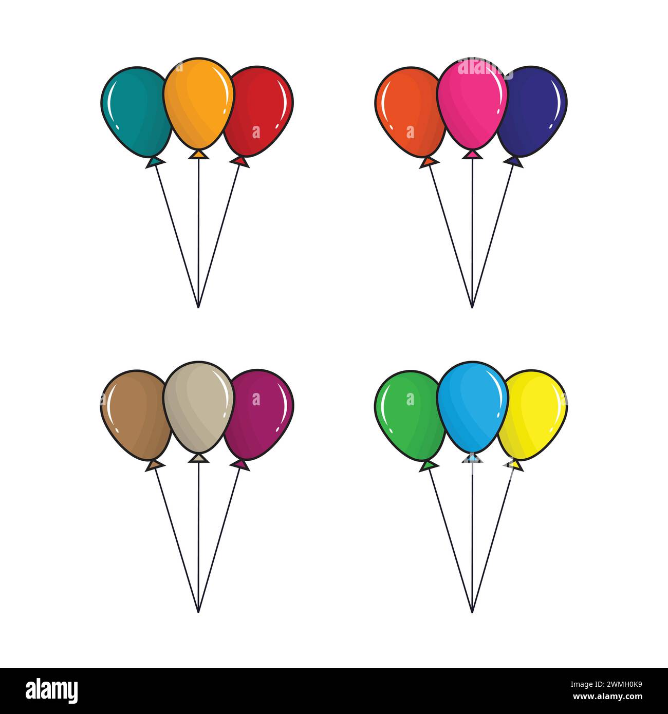 Ensemble de ballons colorés plats dans le style de bande dessinée, ballon volant avec corde isolé sur fond blanc Illustration de Vecteur