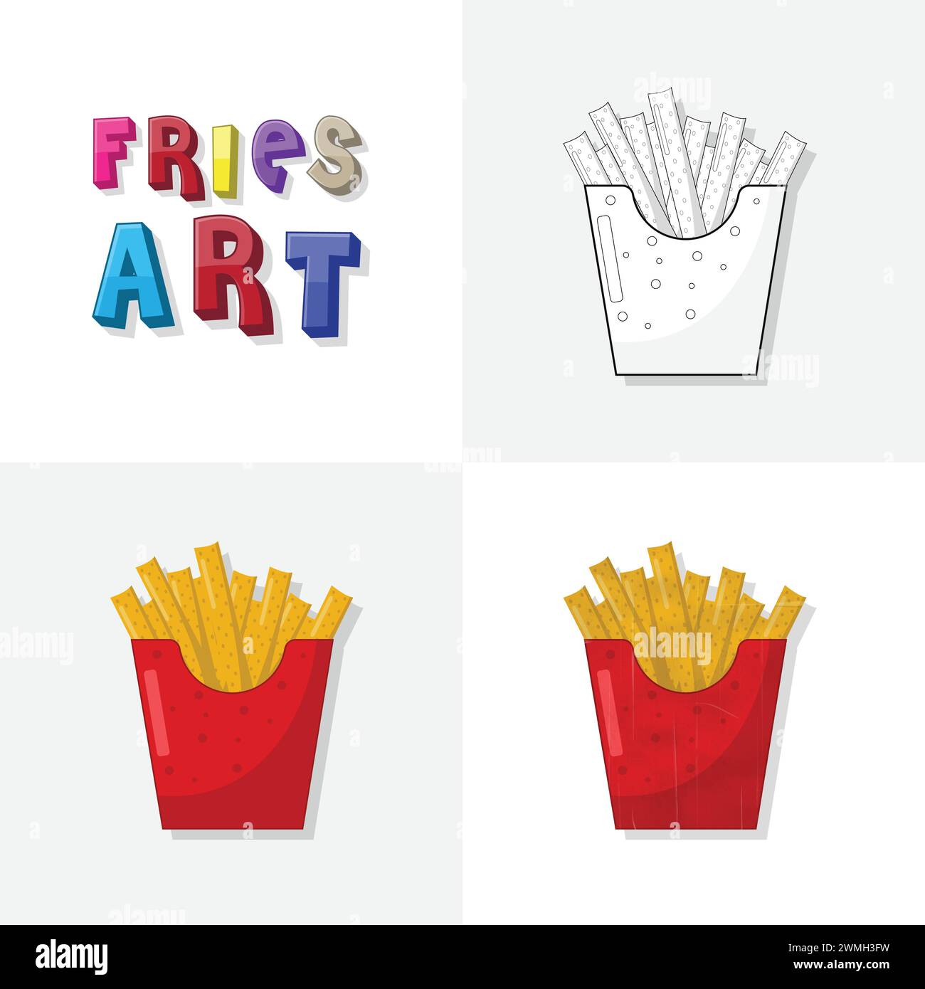 Croquis d'art de sac de frites, page de coloriage, illustration de restauration rapide de frites plates et réalistes pour les enfants Illustration de Vecteur