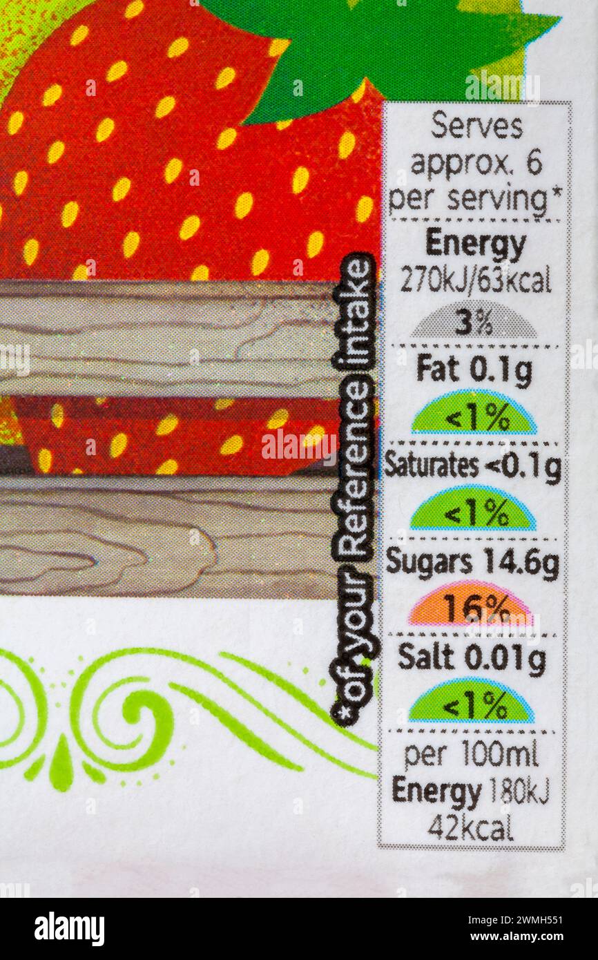 Informations nutritionnelles système de feux de signalisation étiquette à code couleur sur carton de jus de pomme, fraise et framboise de M&S. Banque D'Images
