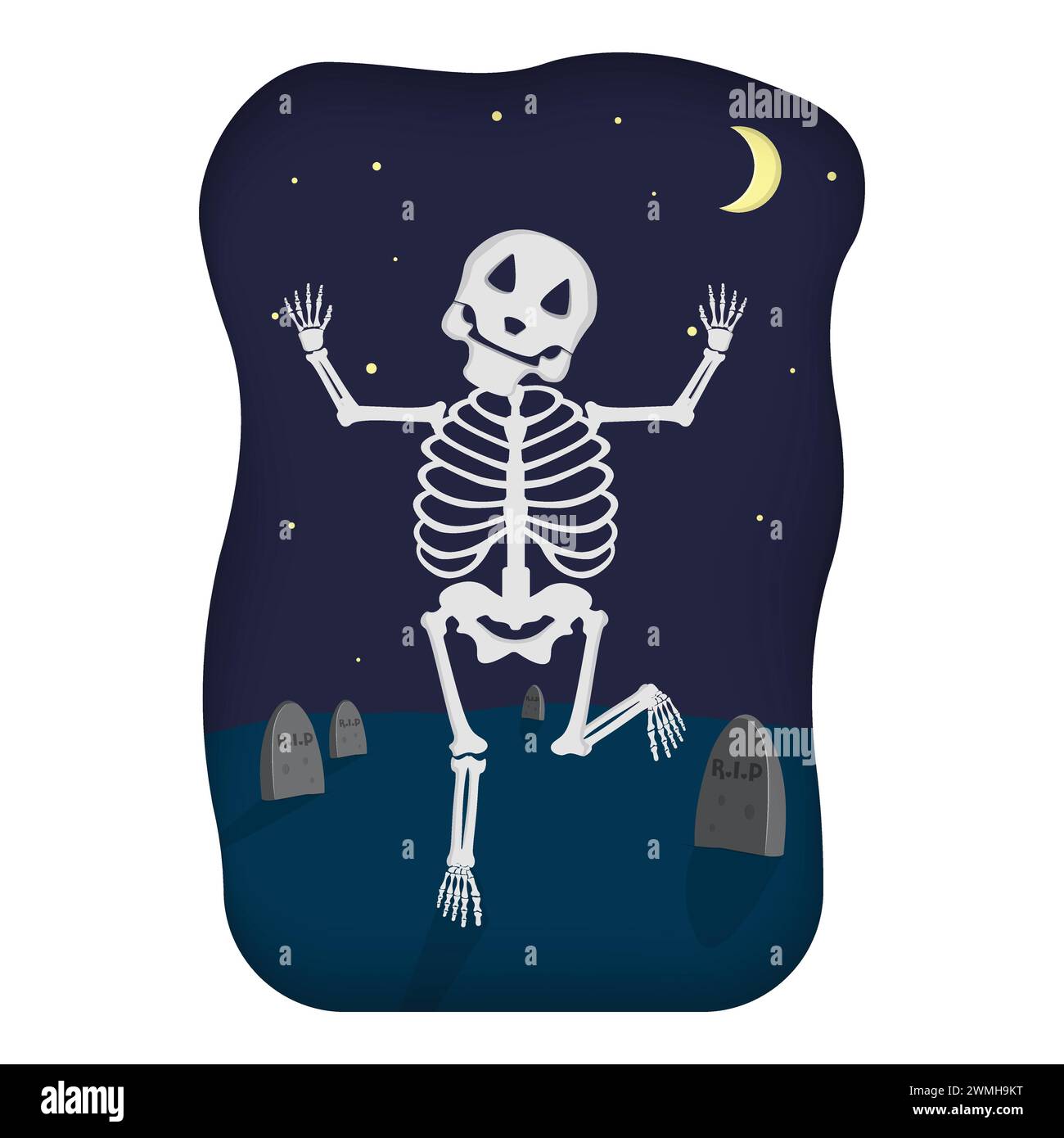 Squelette mignon de dessin animé avec des graphiques clipart de fond de cimetière de nuit Illustration de Vecteur
