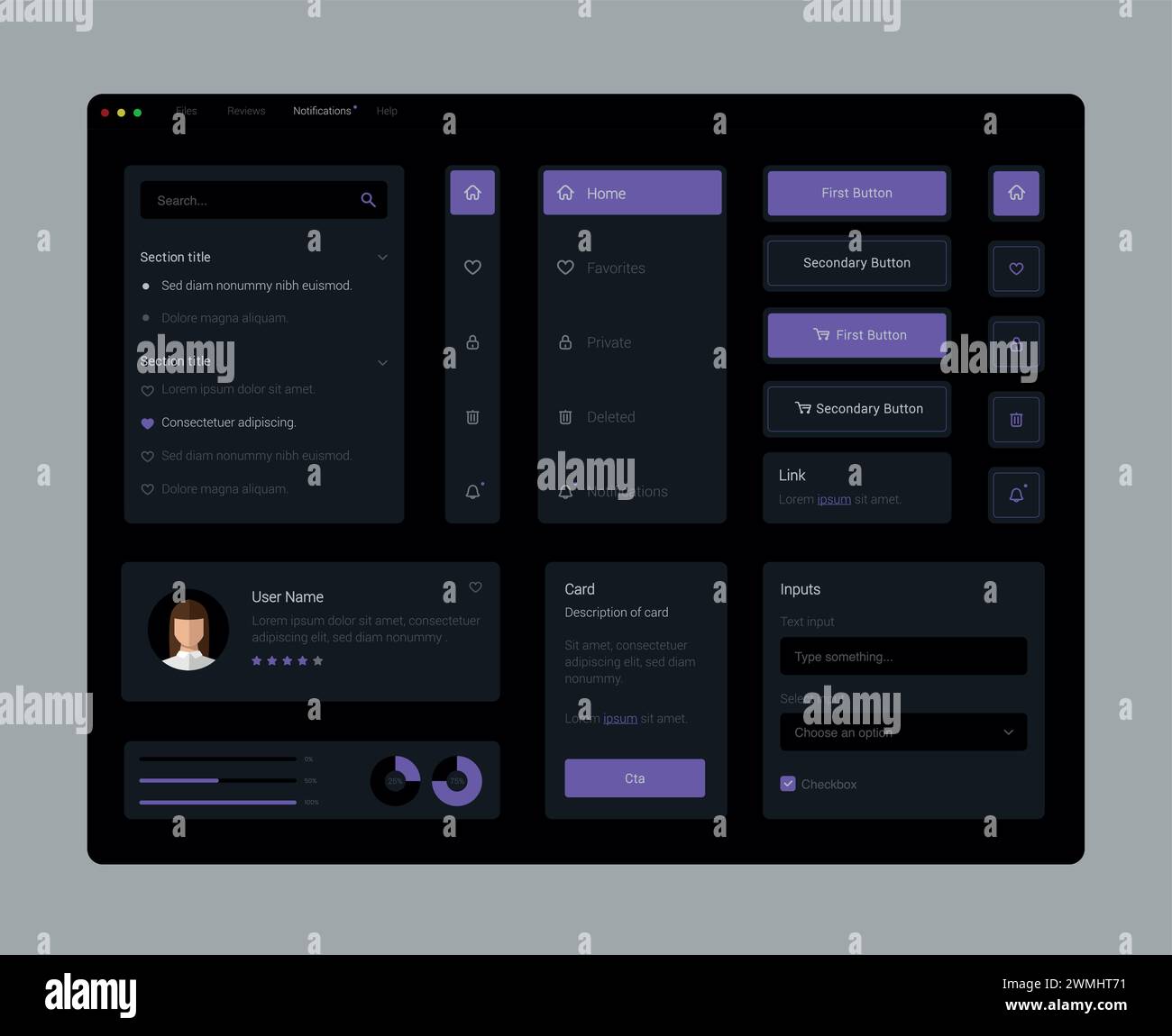 Dark Collection d'éléments ux de l'interface utilisateur violet dégradé. Modèle de panneau utilisateur du tableau de bord UX. Interface utilisateur, expérience. Illustration de Vecteur